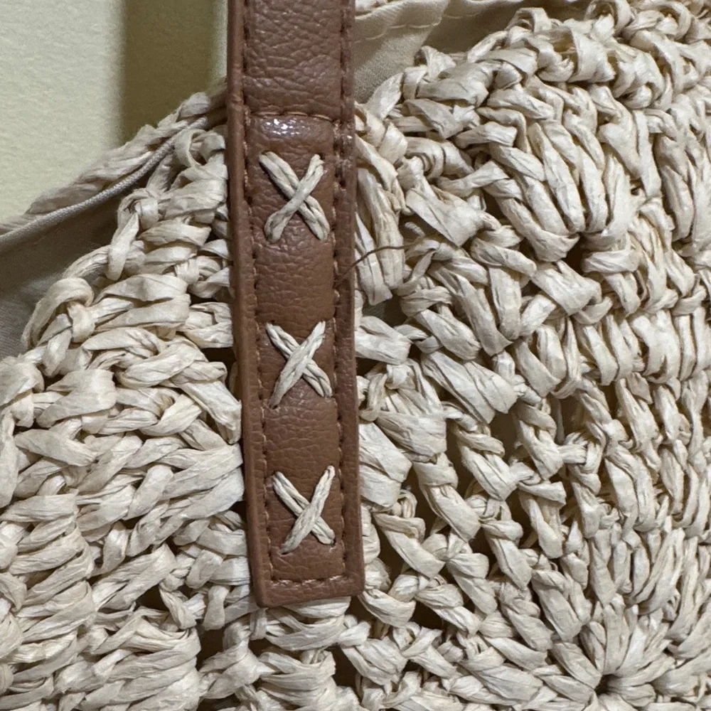Beige Woven Tote Bag with Brown Straps - Picture 8 of 15